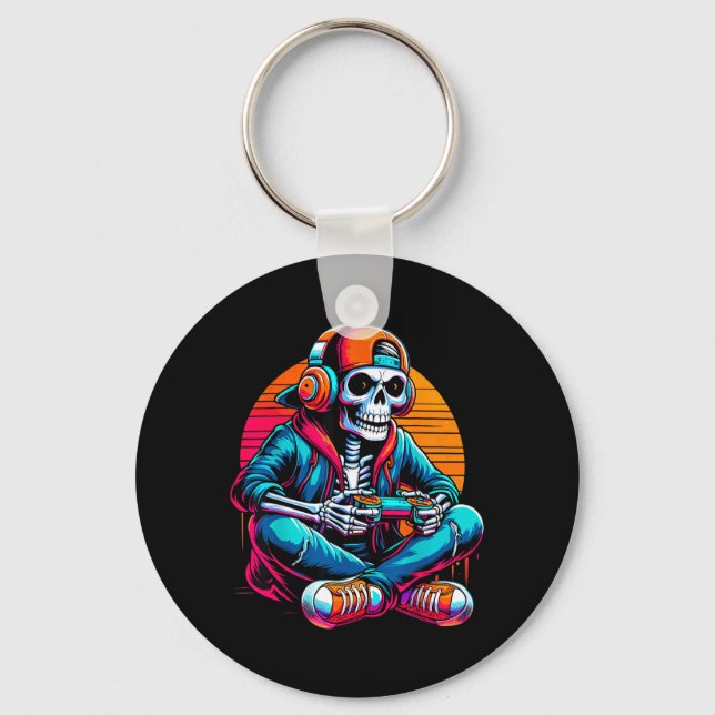 Halloween Skeleton Gamer Video Gaming Keychain (Front)