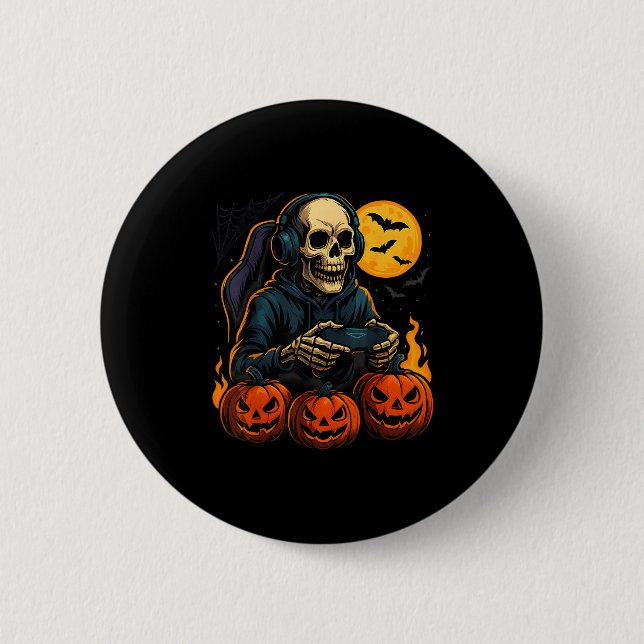 Halloween Skeleton Gamer With Pumpkins Controller  2 Inch Round Button (Front)