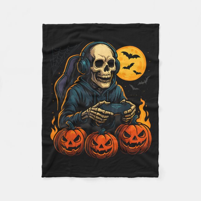 Halloween Skeleton Gamer With Pumpkins Controller  Fleece Blanket (Front)