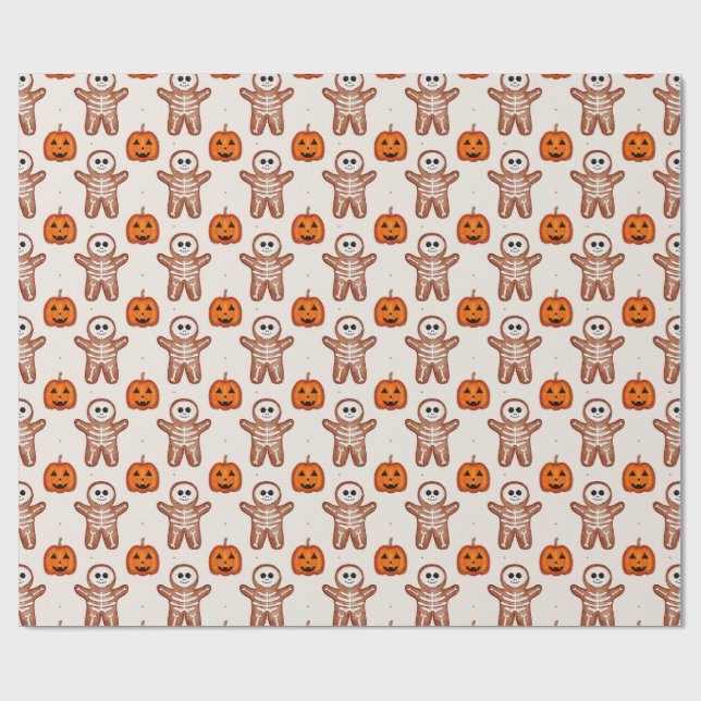 Halloween Skeleton Gingerbread & Jack-o-Lantern  Wrapping Paper (Flat)