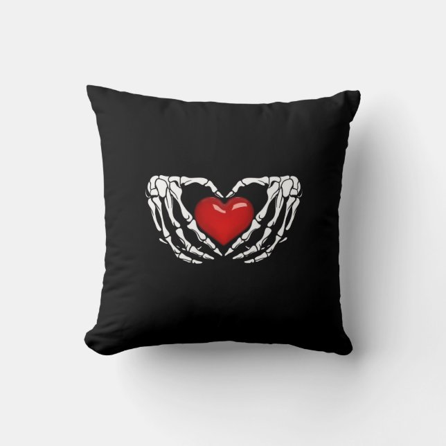 Halloween Skeleton Hands Around Heart Throw Pillow (Front)