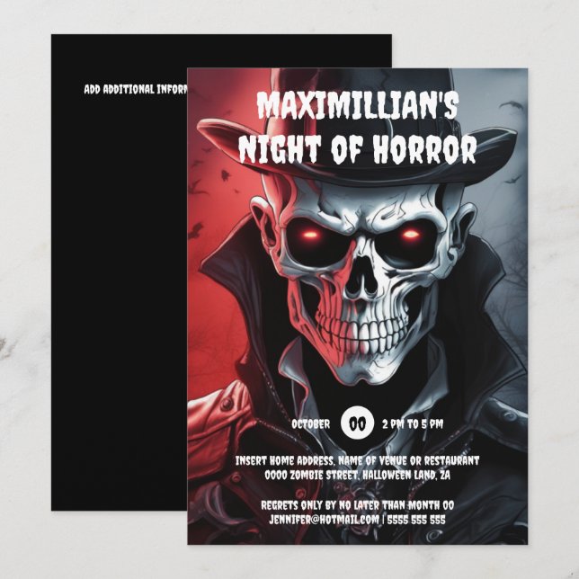 Halloween skeleton hit man skull face glowing eyes invitation (Front/Back)