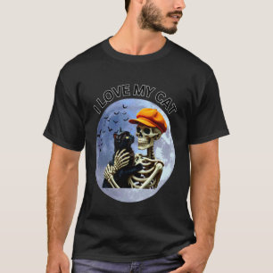Halloween Skeleton Holding A Cat Under The Full Mo T-Shirt