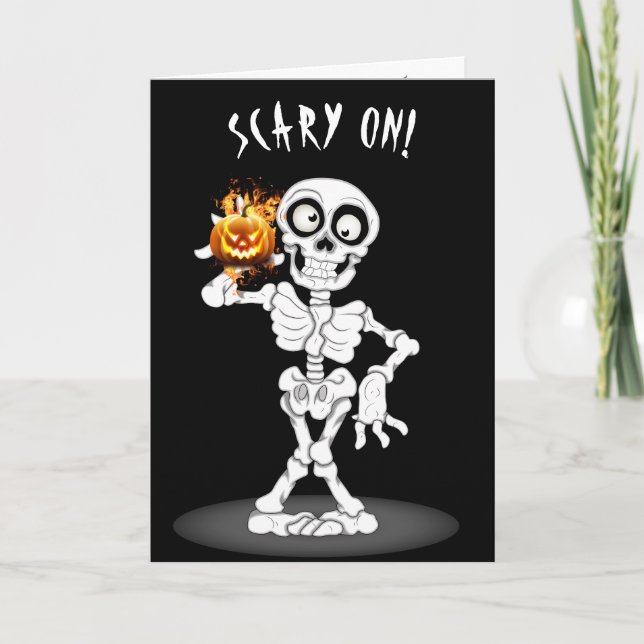 Halloween Skeleton Holding a Jack-o-lantern Holiday Card (Front)