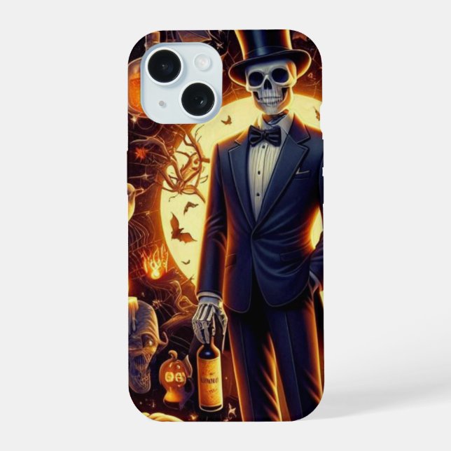 Halloween Skeleton in a Tux with a Top Hat iPhone 15 Case (Back)