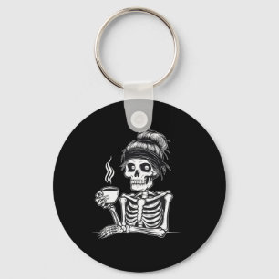 Halloween Skeleton Messy Bun Coffee Funny Costume Keychain