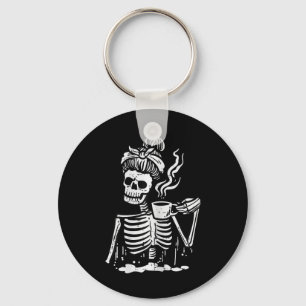 Halloween Skeleton Messy Bun Coffee Funny Costume Keychain