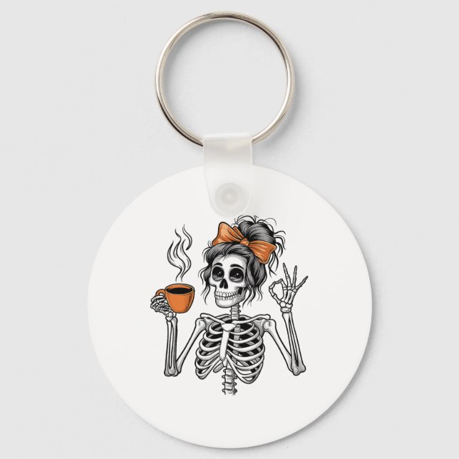 Halloween Skeleton Messy Bun Coffee Funny Costume  Keychain (Front)