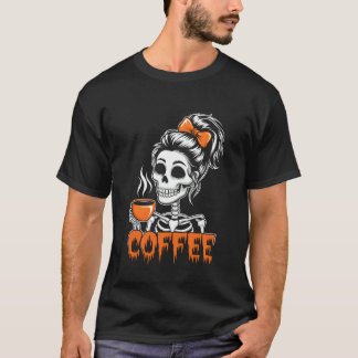 Halloween Skeleton Messy Bun Coffee Funny Costume  T-Shirt