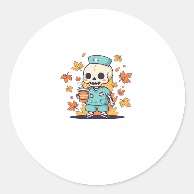 Halloween Skeleton Nurse With Coffee Classic T-Shi Classic Round Sticker (Front)