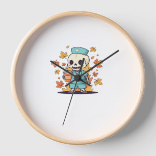 Halloween Skeleton Nurse With Coffee Classic T-Shi Clock