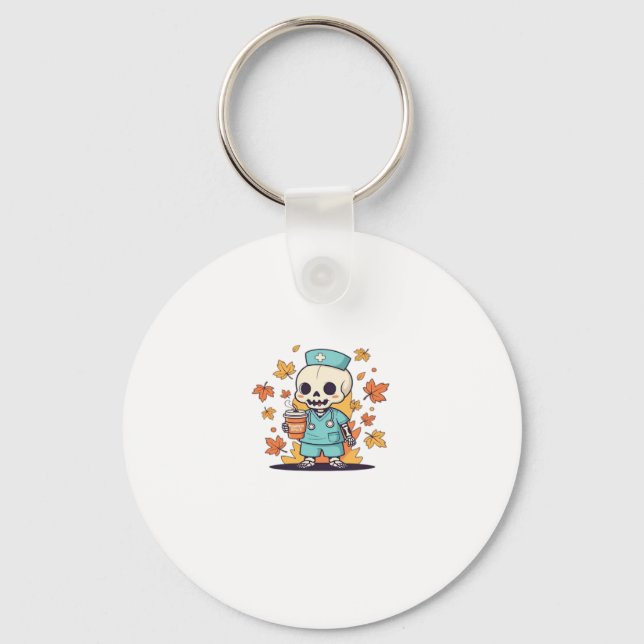 Halloween Skeleton Nurse With Coffee Classic T-Shi Keychain (Front)