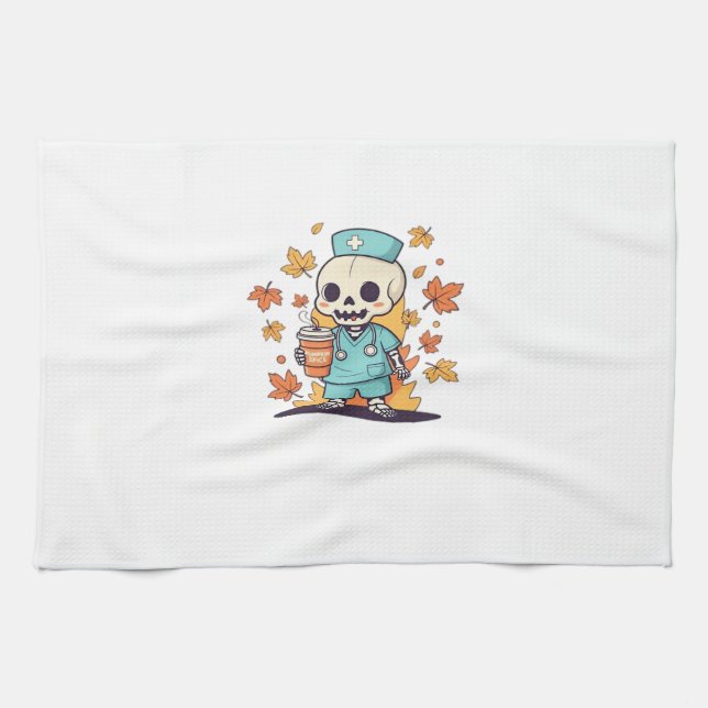 Halloween Skeleton Nurse With Coffee Classic T-Shi Kitchen Towel (Horizontal)