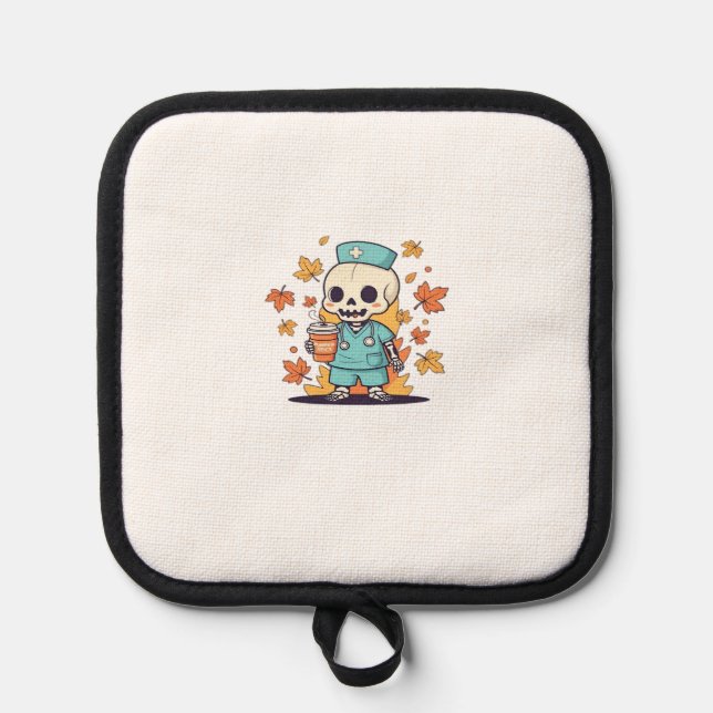 Halloween Skeleton Nurse With Coffee Classic T-Shi Pot Holder (Front)