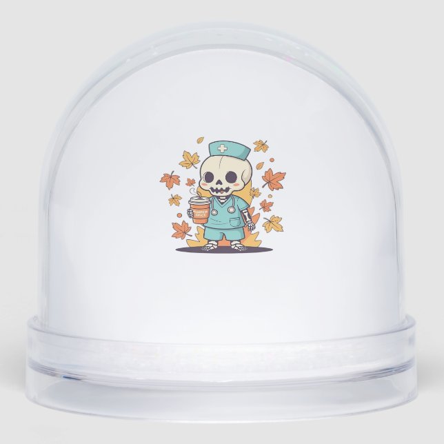 Halloween Skeleton Nurse With Coffee Classic T-Shi Snowglobe (Front)