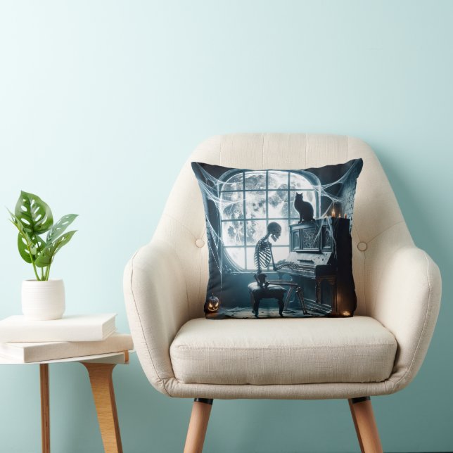 Halloween Skeleton Playing a Piano Throw Pillow (Chair)
