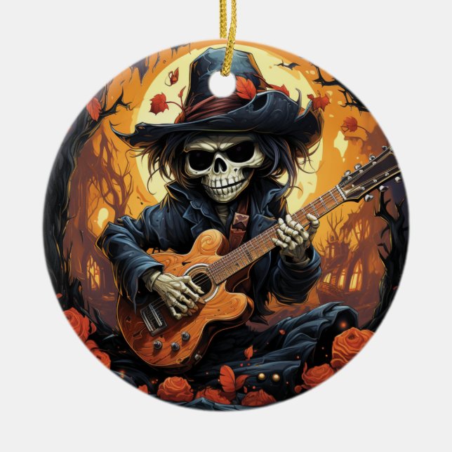 Halloween Skeleton Playing Guitar - Rock And Roll  Ceramic Ornament (Front)