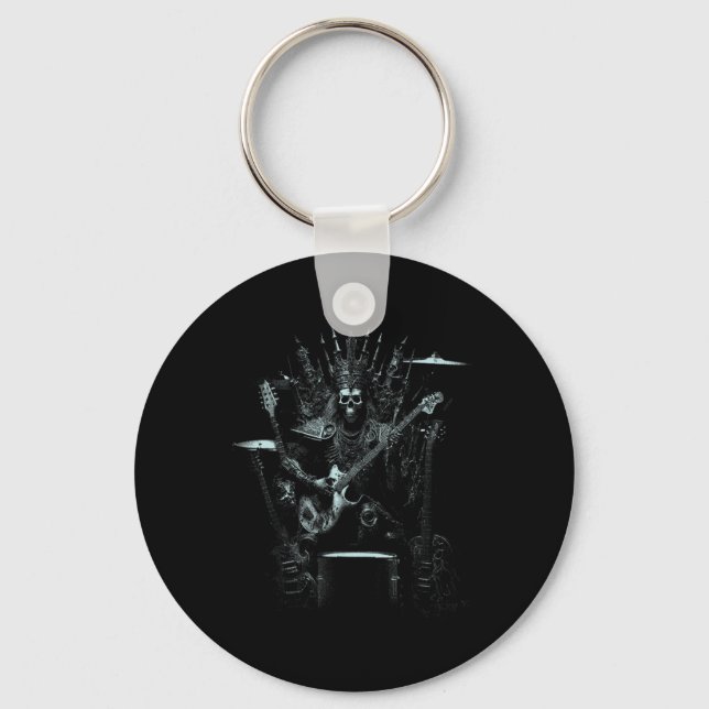Halloween Skeleton Playing Guitar Throne Rock And  Keychain (Front)