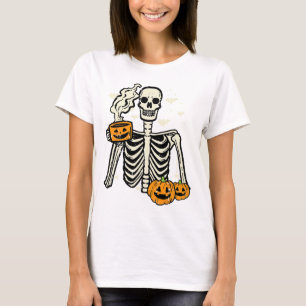 Halloween Skeleton Pumpkin Fall Coffee Fun Costume T-Shirt