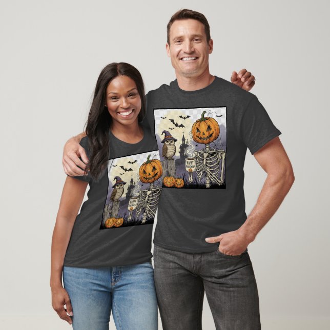 Halloween Skeleton Pumpkin Owl Dark Graphic T-Shir T-Shirt (Unisex)