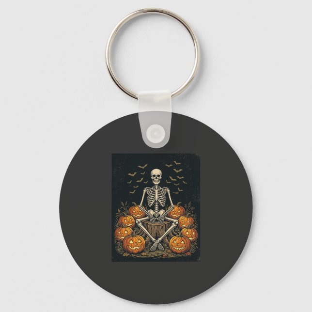 Halloween Skeleton Pumpkin Vintage Retro Design_1 Keychain (Front)