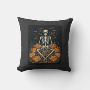 Halloween Skeleton Pumpkin Vintage Retro Design_1 Throw Pillow