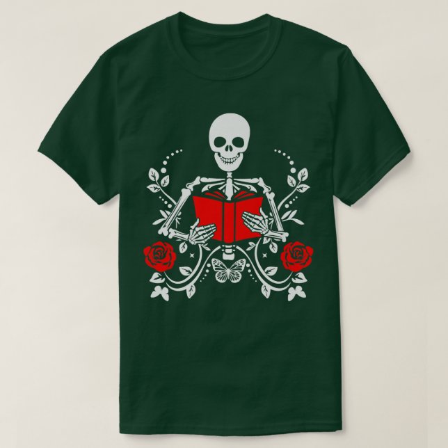 Halloween Skeleton Reading Book Bookworm Reader Fu T-Shirt (Design Front)