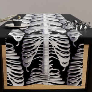 Halloween Skeleton Rib Cage Pattern Spooky Black Short Table Runner