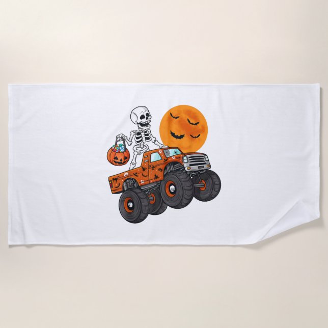 Halloween Skeleton Riding Monster Truck Beach Towel (Front)