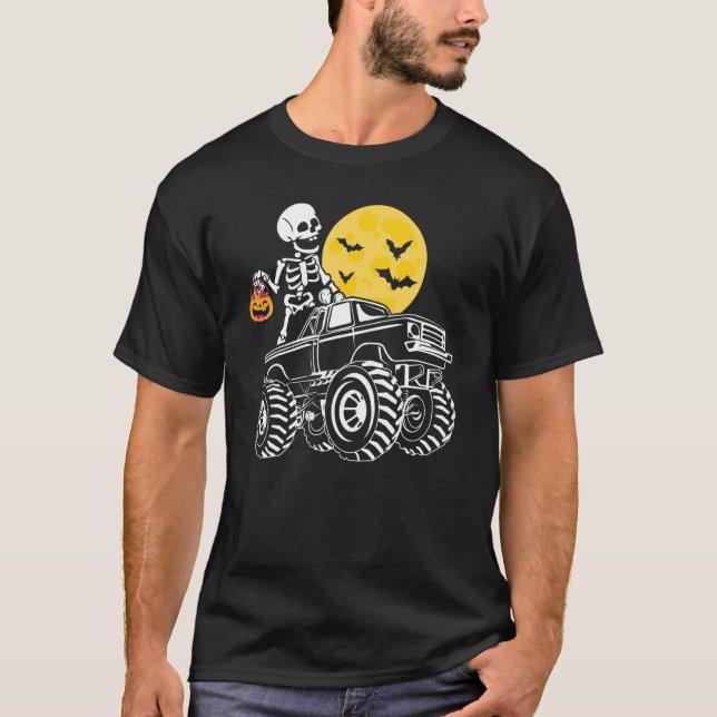 Halloween Skeleton Riding Monster Truck Pumpkin Bo T-Shirt (Front)