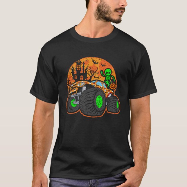 Halloween Skeleton Riding Monster Truck T-Shirt (Front)