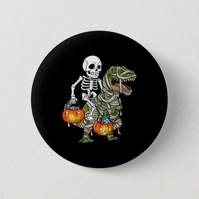 Halloween Skeleton Riding Mummy Dinosaur T Rex Fun 2 Inch Round Button (Front)