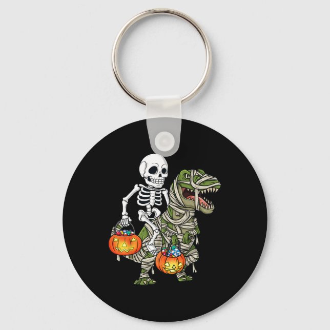 Halloween Skeleton Riding Mummy Dinosaur T Rex Fun Keychain (Front)