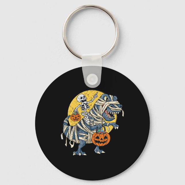 Halloween Skeleton Riding Mummy Dinosaur T Rex Pum Keychain (Front)