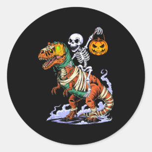 Halloween Skeleton Riding Mummy T Rex Dinosaur Sca Classic Round Sticker