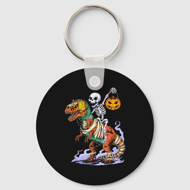 Halloween Skeleton Riding Mummy T Rex Dinosaur Sca Keychain (Front)