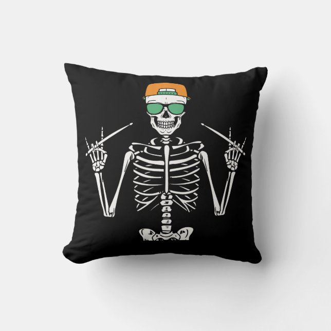 Halloween Skeleton Rock Hand Playing Drums Throw Pillow (Front)