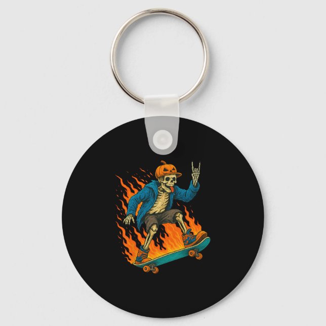 Halloween Skeleton Skateboarding Pumpkin Flame Spo Keychain (Front)