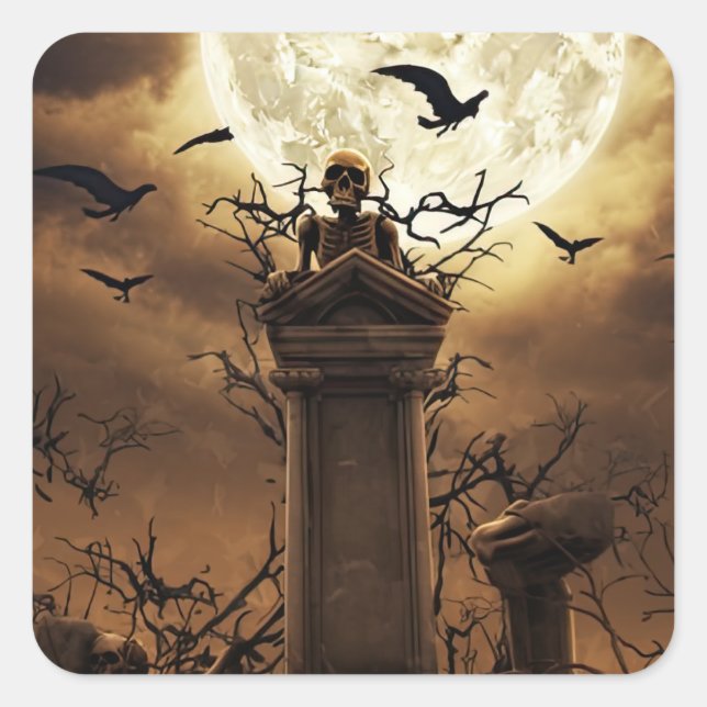 Halloween Skeleton Skull Graveyard Cemetery Gothic Square Sticker (Front)