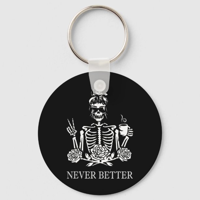 Halloween Skeleton Skull Women Drinking Coffee Nev Keychain (Front)
