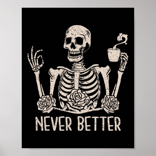 Halloween Skeleton Skull Women Drinking Coffee Nev Poster (Front)