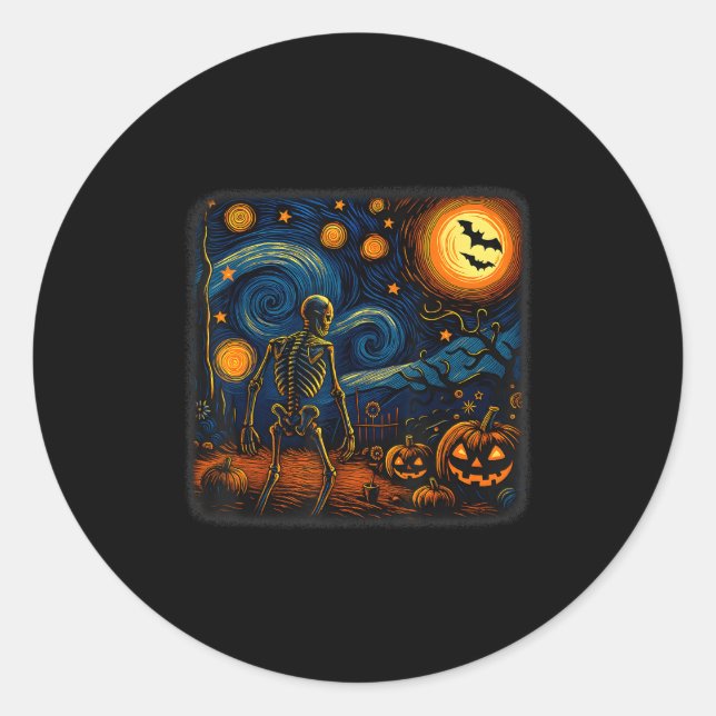 Halloween Skeleton Starry Night Van Gogh Pumpkin M Classic Round Sticker (Front)