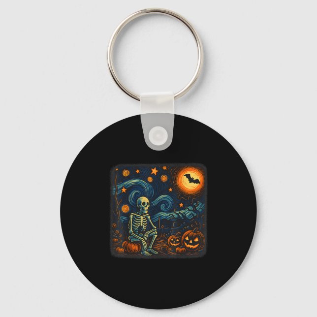 Halloween Skeleton Starry Night Van Gogh Pumpkin M Keychain (Front)