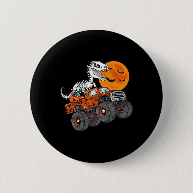 Halloween Skeleton T Rex Monster Truck Boys Kids T 2 Inch Round Button (Front)