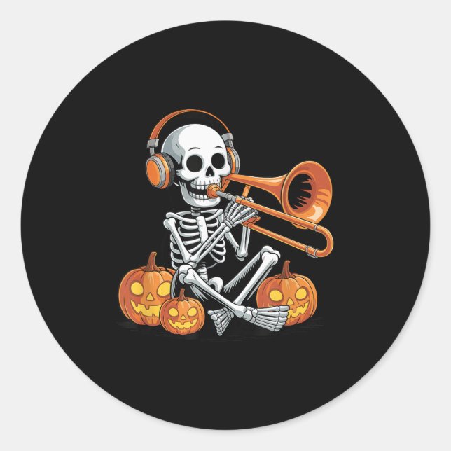 Halloween Skeleton Trombone Trombonist  Classic Round Sticker (Front)