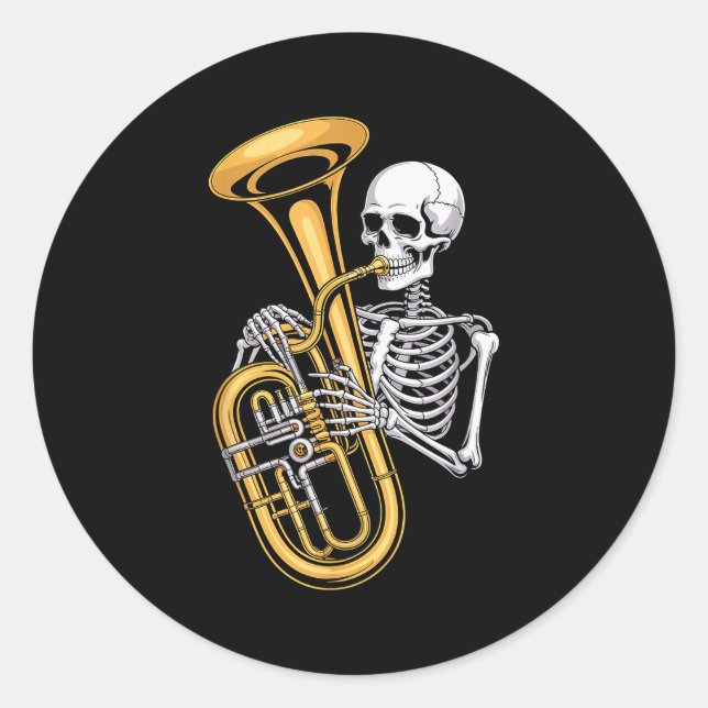 Halloween Skeleton Tuba Tubist  Classic Round Sticker (Front)