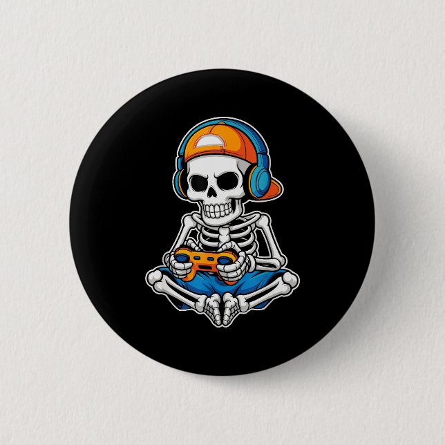 Halloween Skeleton Video Gamer Funny Gaming Boys M 2 Inch Round Button (Front)
