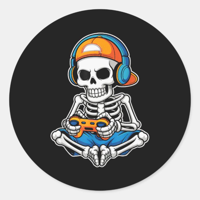 Halloween Skeleton Video Gamer Funny Gaming Boys M Classic Round Sticker (Front)