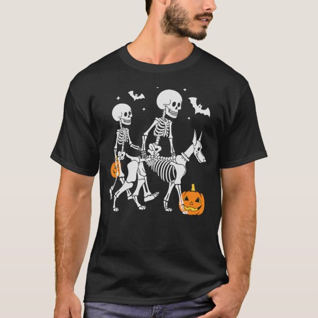 Halloween Skeleton Walking Doberman Dog T-Shirt (Front)