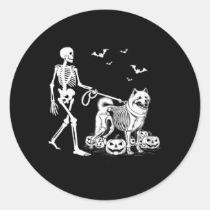 Halloween Skeleton Walking Samoyed Dog Classic Round Sticker